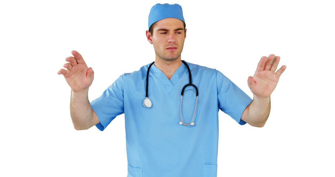 Male Doctor in Blue Scrubs with Stethoscope Standing on White Background - Free Images, Stock Photos and Pictures on Pikwizard.com