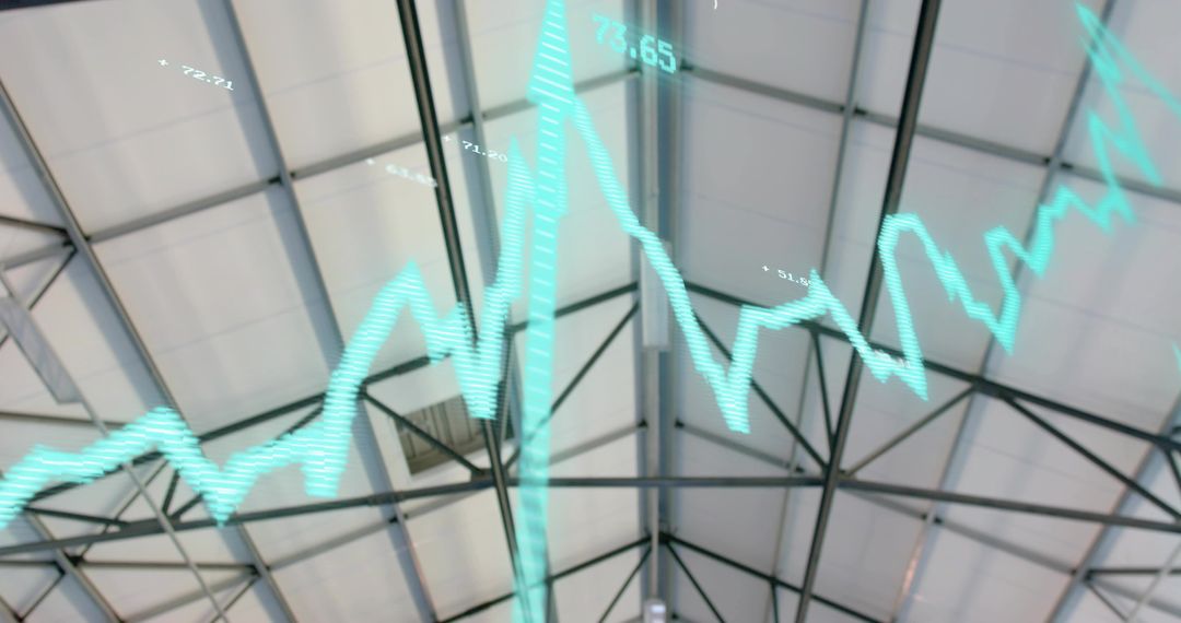 Teal Financial Graph Overlaying Industrial Warehouse Roof Structure Showing Data Flow