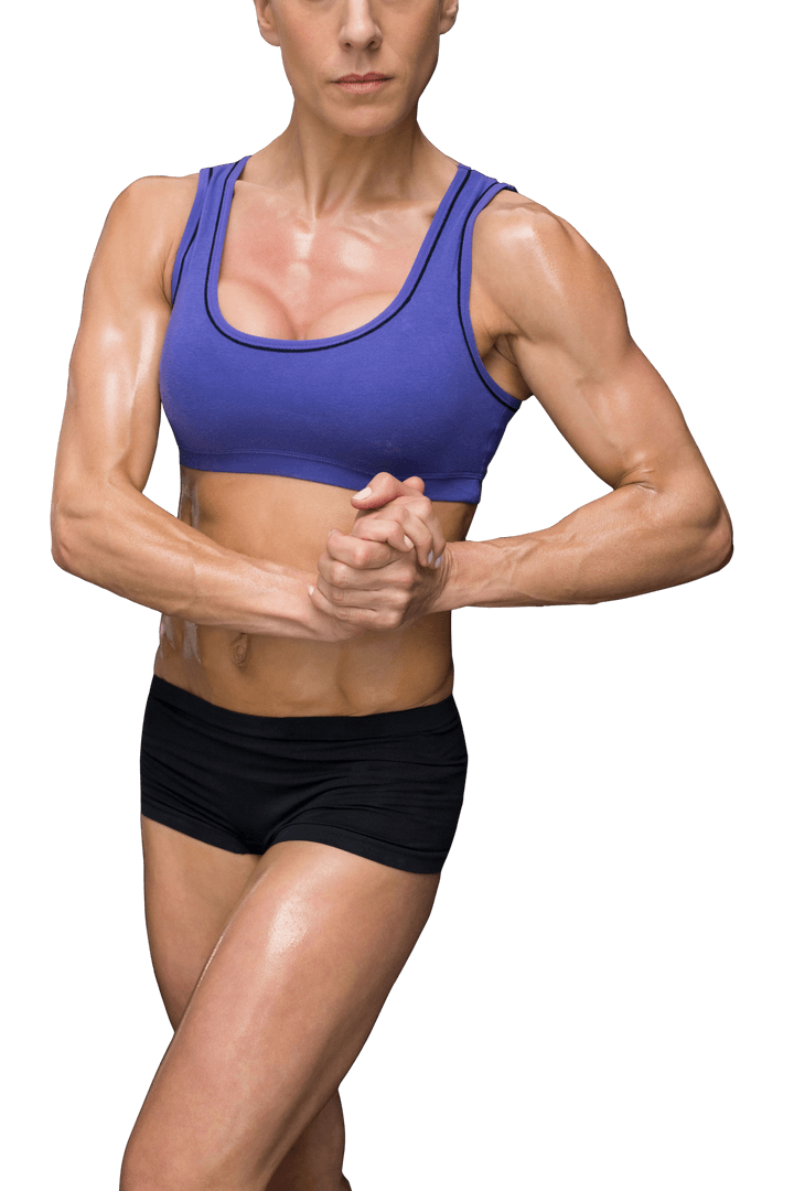 Strong Caucasian Woman Flexing Muscles on Transparent Background
