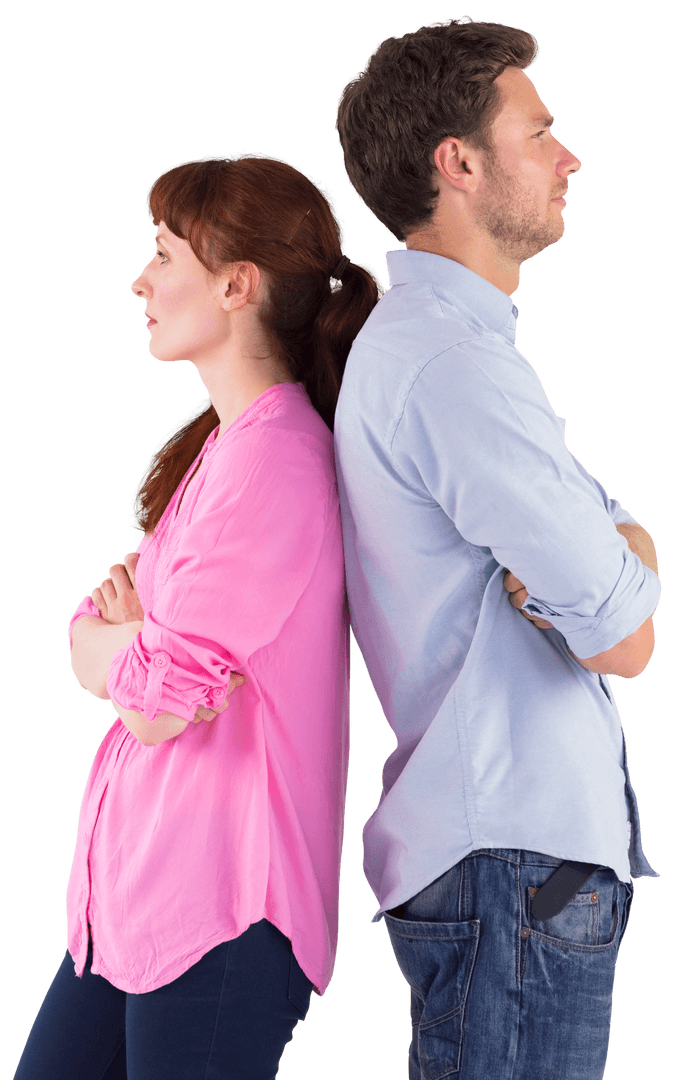 Irritated Couple Standing Back-to-Back on Transparent Background