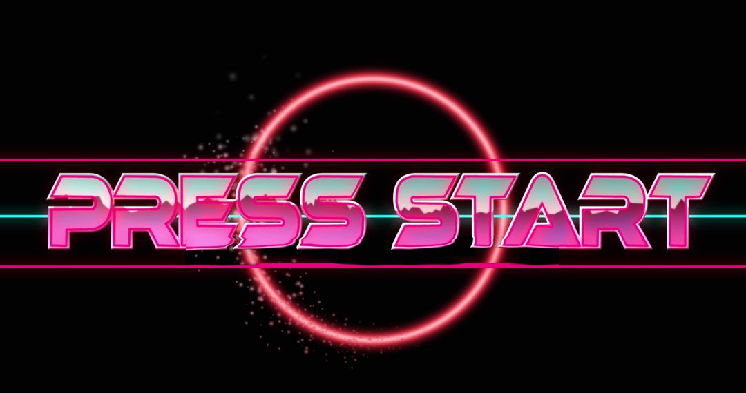 Retro Gaming Press Start Text with Glowing Neon Circle