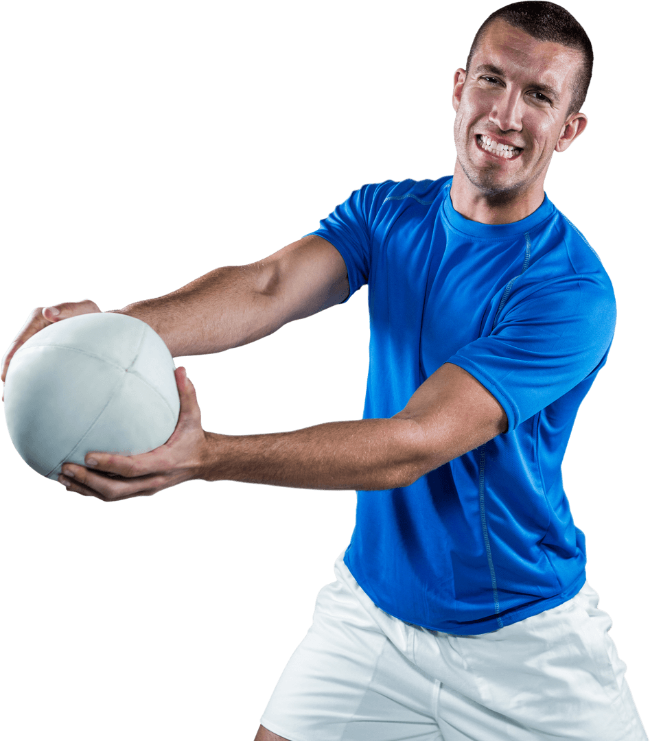 Smiling Rugby Player Holding Rugby Ball on Transparent Background