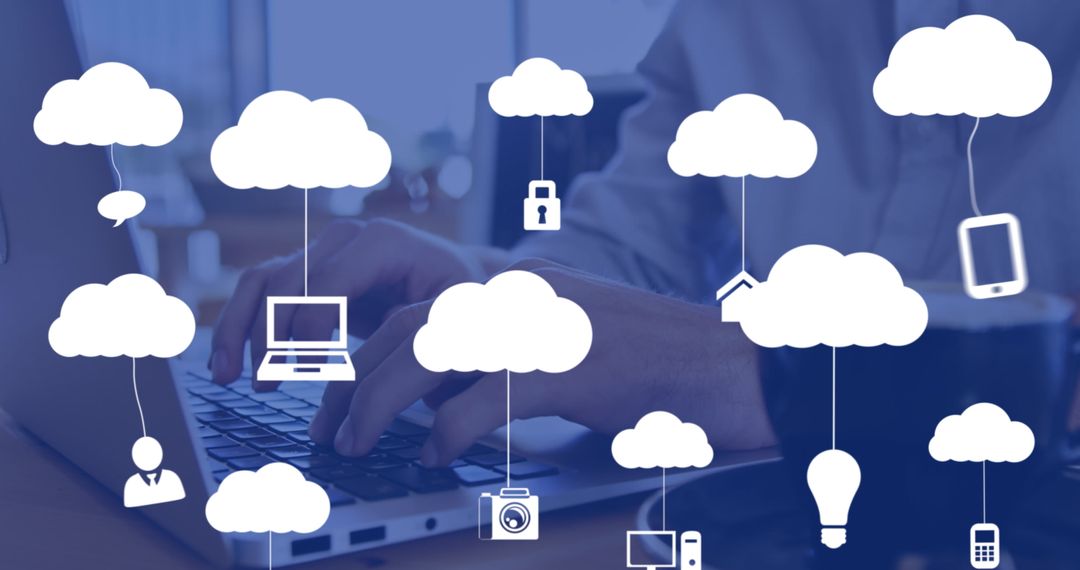 Hands Typing on Laptop with Cloud Computing Icons Overlay