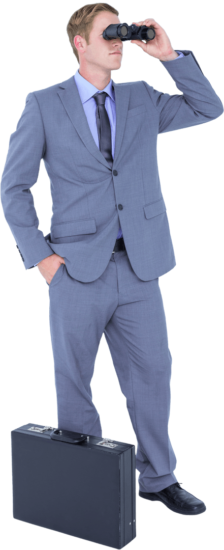 Caucasian Businessman With Binoculars and Briefcase Transparent Background