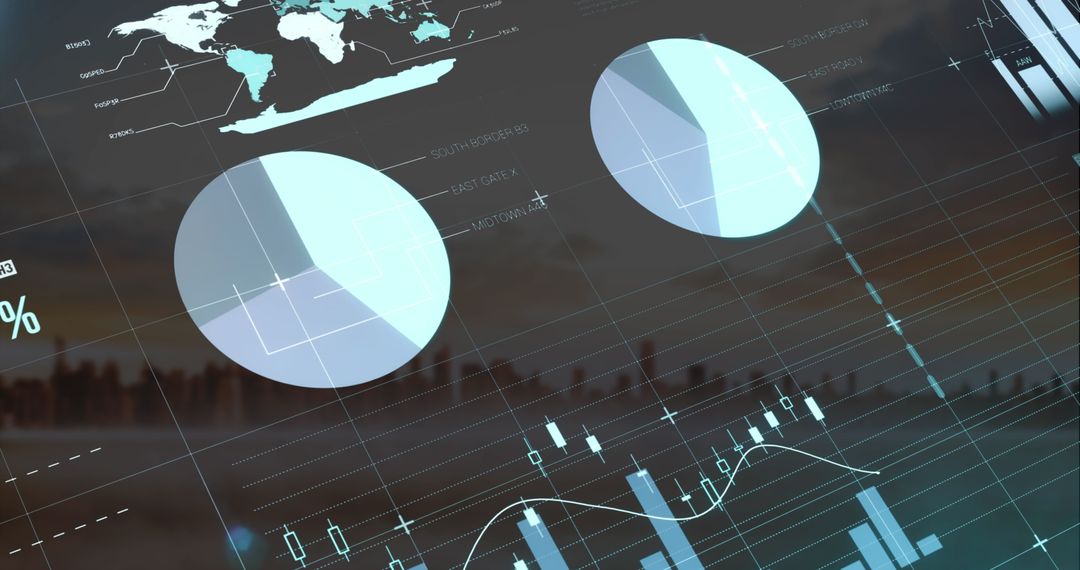 Infographic Interface Display over Cityscape at Dawn