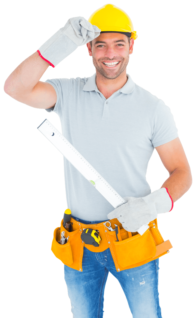 Smiling Handyman Holding Spirit Level Isolated on Transparent Background