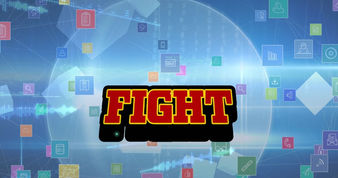 Bold Fight Text with Dynamic Media Icons on Technological Background