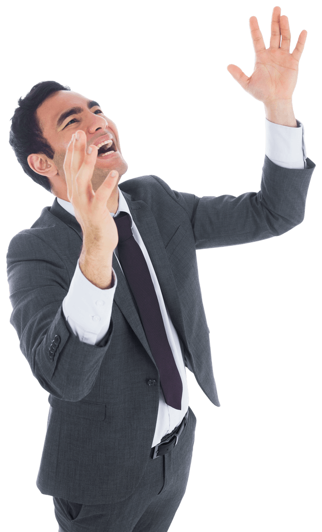 Transparent View Businessman Cheering Excitedly with Raised Hands