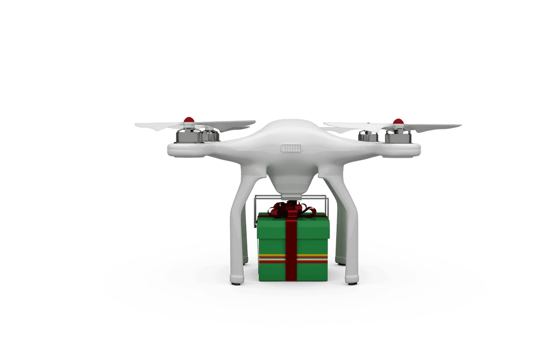 Transparent Drone Carrying Red Wrapped Gift Box on Isolated Background