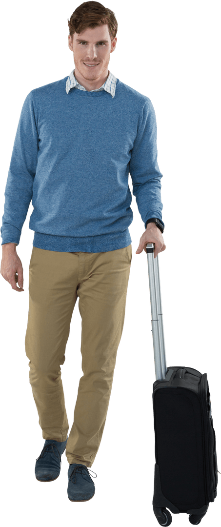 Young Man With Transparent Rolling Suitcase Business Trip