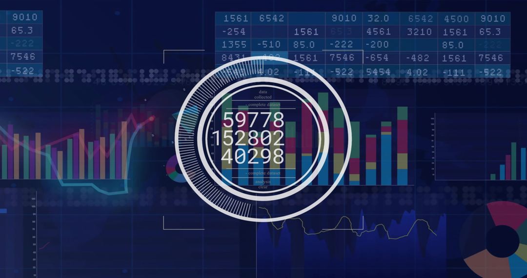 Displaying concentric HUD numeric readouts on neon analytics dashboard for financial data