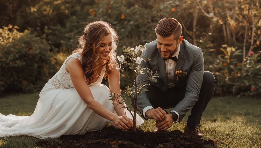 Bride and Groom Planting Tree in Sunlit Garden