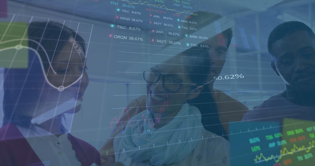 Diverse Team Analyzing Digital Stock Market Data for Business Strategy