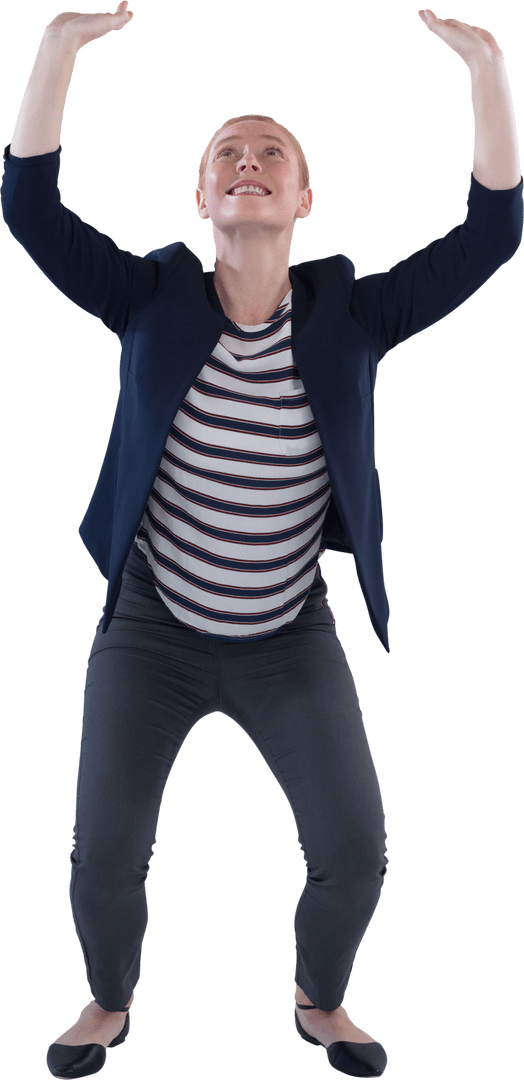 Caucasian Businesswoman Raising Hands Joyfully on Transparent Background