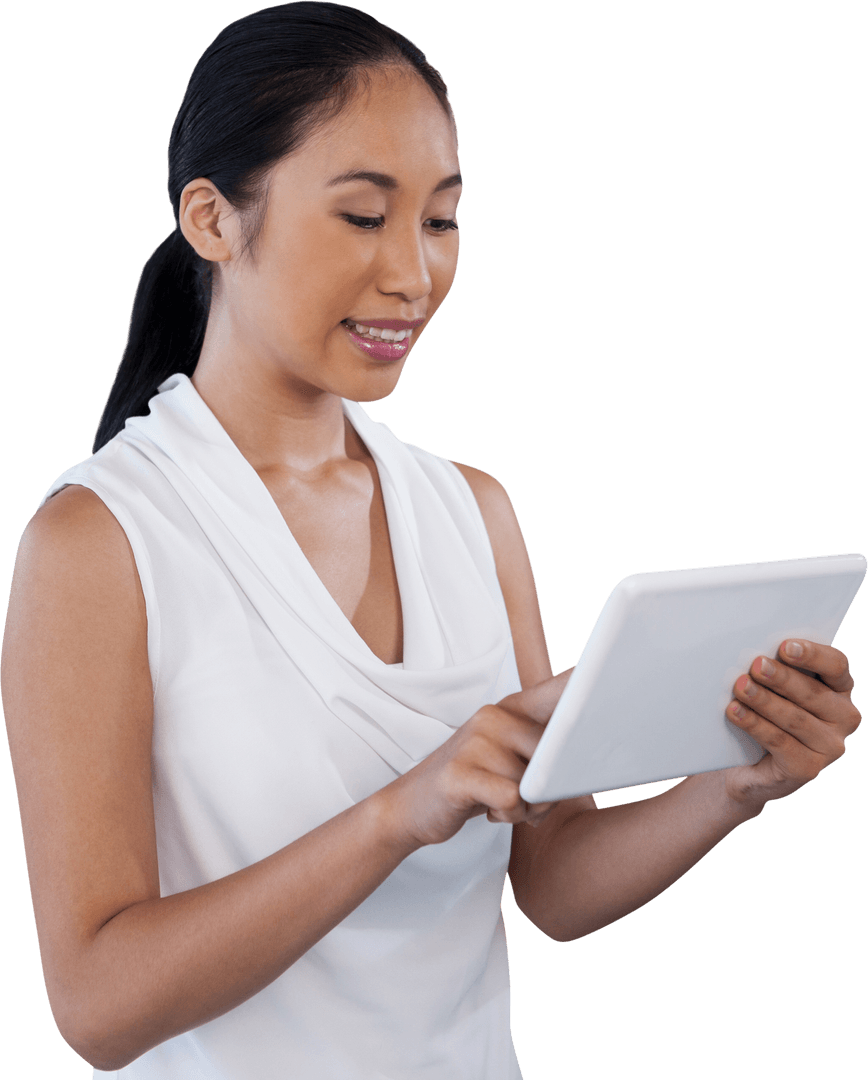 Transparent Professional Woman Interacting with Digital Tablet