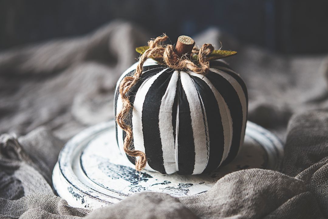 Striped Fabric Pumpkin Centerpiece in Rustic Setting