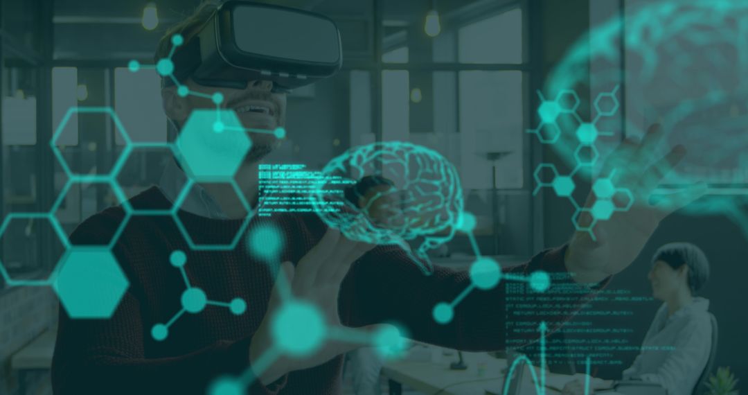 Caucasian Man Using VR Headset with Futuristic Digital Data Overlay