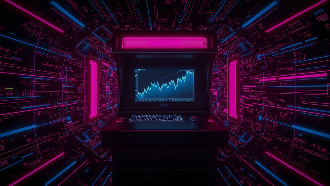 Futuristic Console Shows Rising Graph in Neon Circuit Tunnel