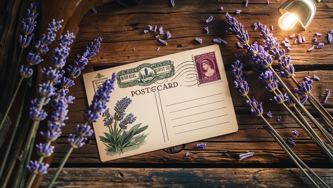 Vintage Lavender Postcard on Rustic Wooden Desk with Floral Elements