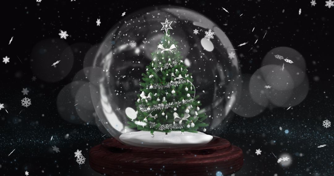 Christmas Tree Snow Globe Illuminated by Falling Snowflakes