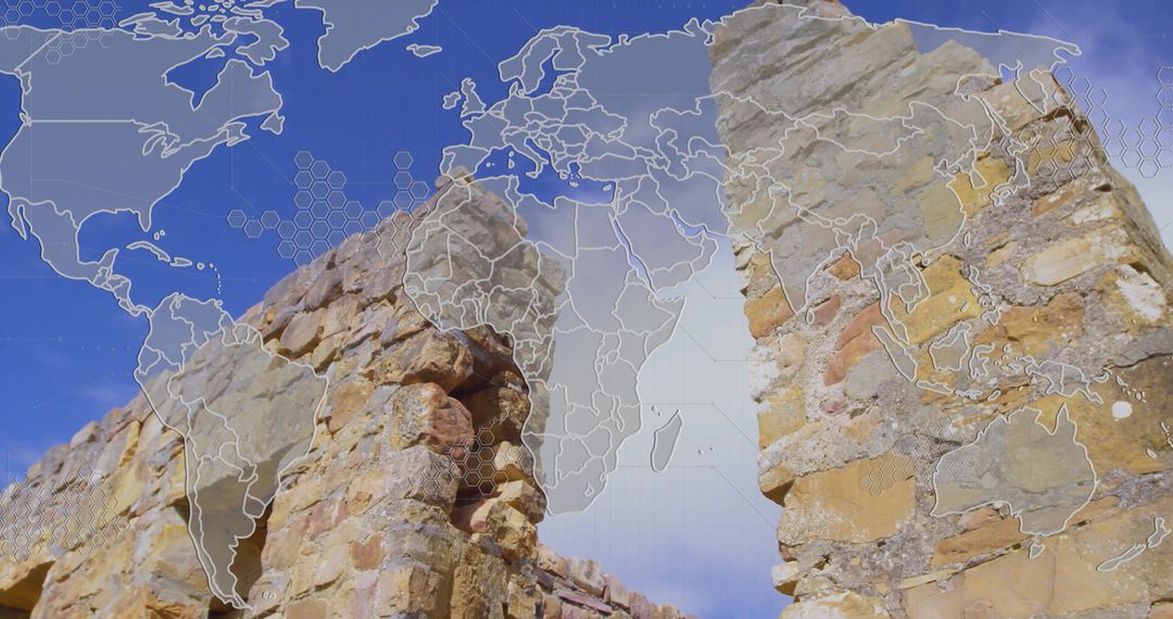 Featuring Weathered Sandstone Ruins Overlaid with Global Map and Geospatial Grid