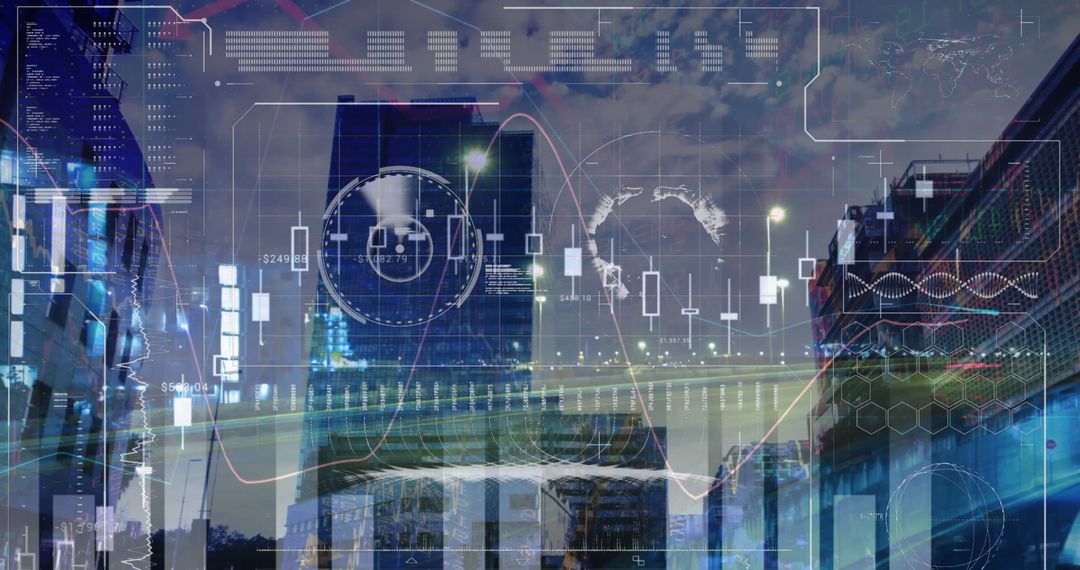 Futuristic Digital Data Interface Overlaying Night Cityscape