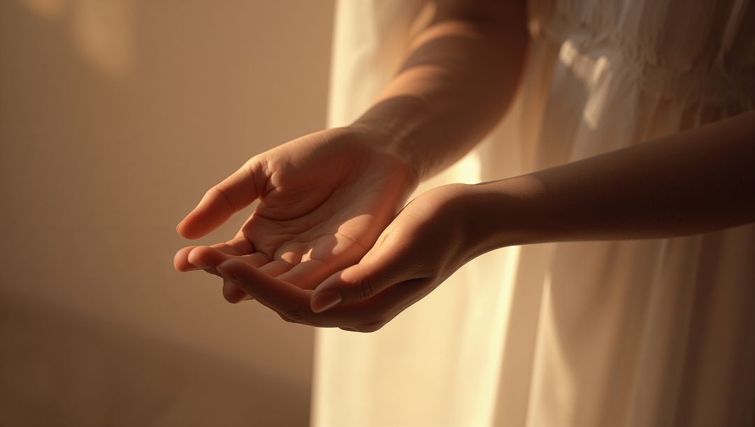 Sunlit Cupped Female Hands Catching Warm Golden Light Over Flowing Lace Dress