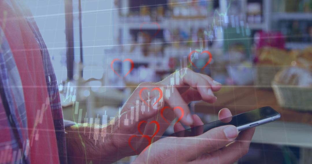 Close-Up Hands Scrolling Smartphone in Supermarket with Digital Icons
