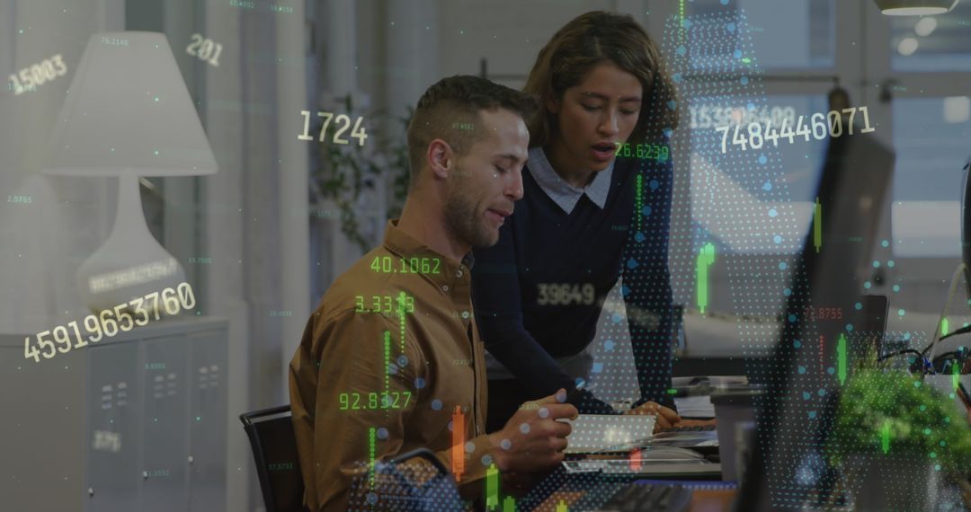 Business Professionals Analyzing Data with Digital Finance Overlay