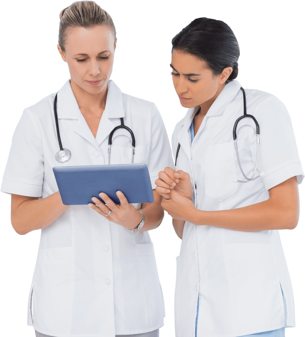 Caucasian Female Doctors Discussing Patient Data on Tablet Transparent