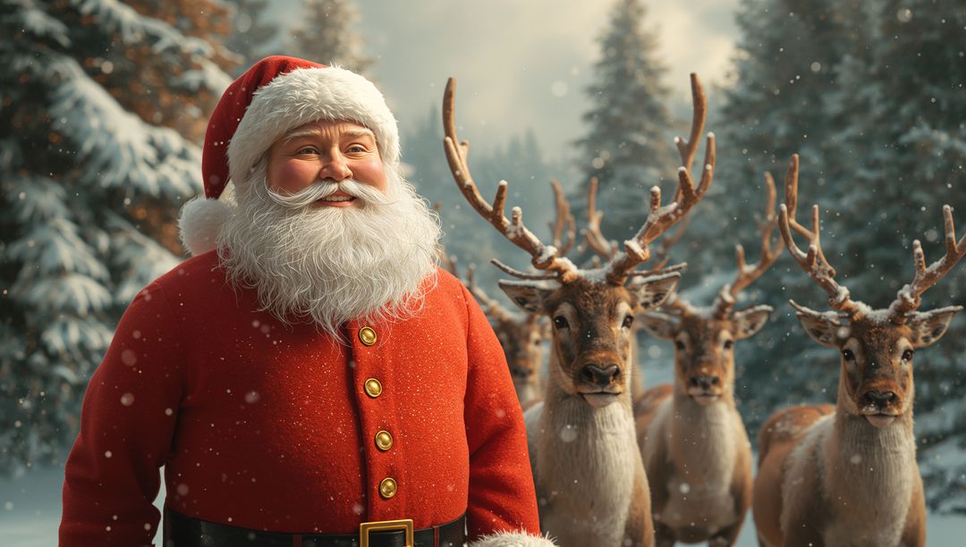 Santa Claus and Reindeer in Magical Snowy Forest