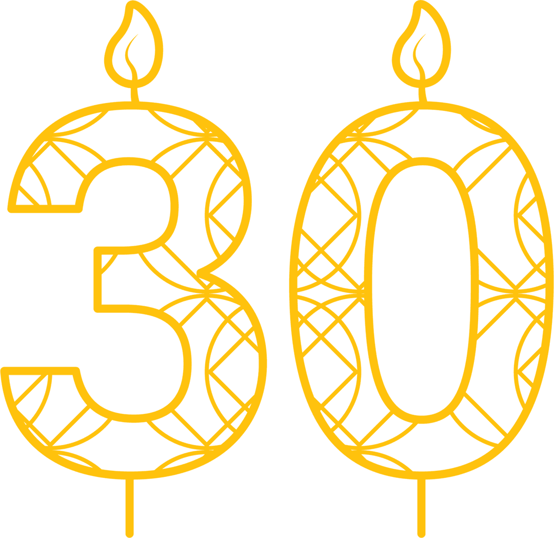 Yellow Number 30 Candle on Transparent Background for Birthdays