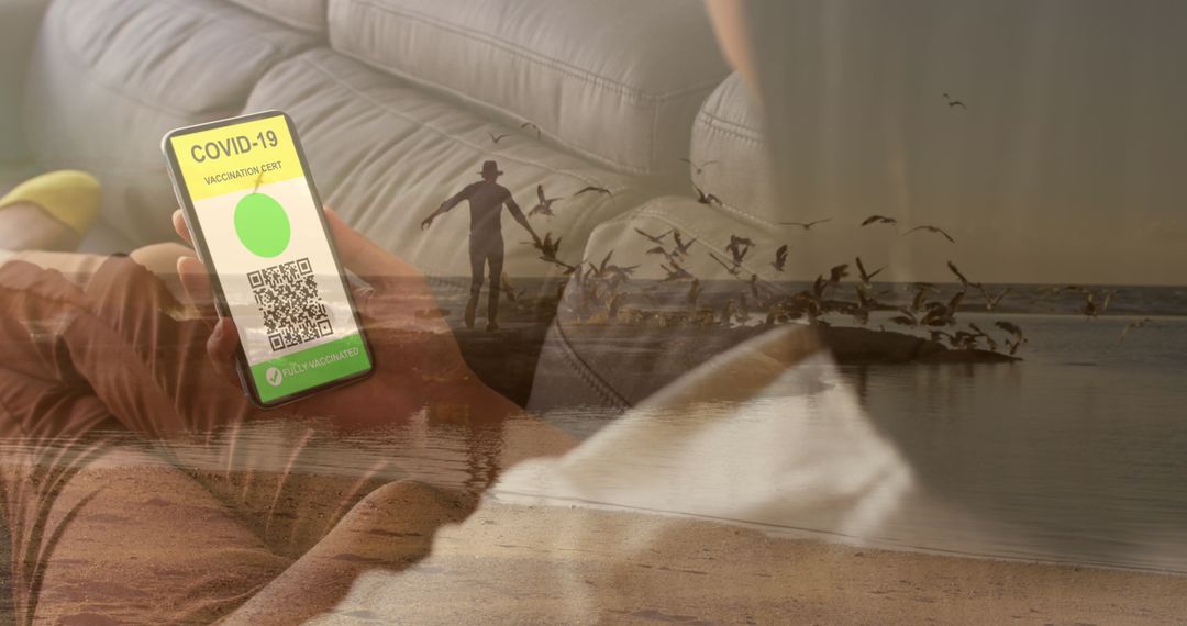 Smartphone Showing COVID-19 Vaccination Status with Seaside Relaxation Theme