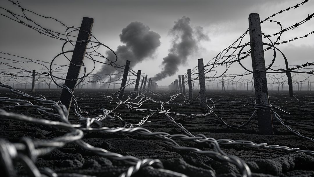 Desolate Barbed Wire Landscape with Smoke Plumes