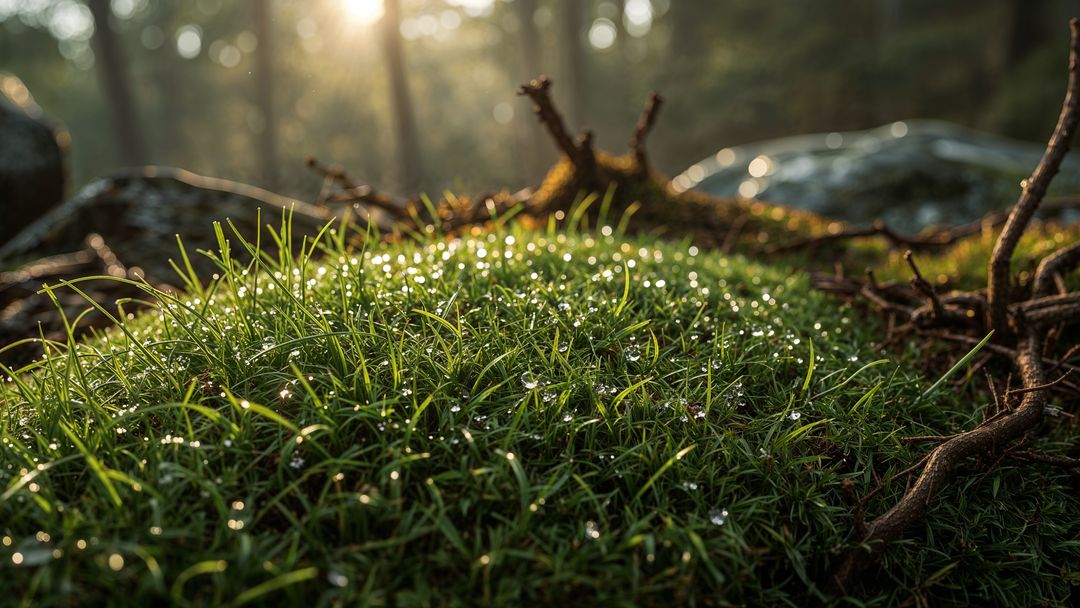 Sunlit Moss with Morning Dew Drops in Serene Forest