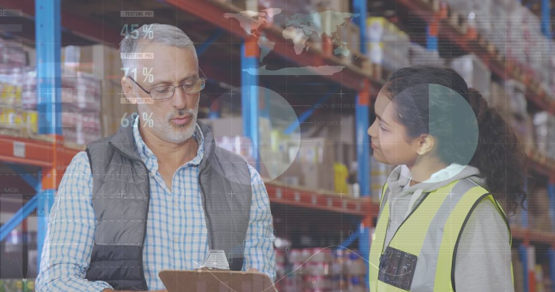 Warehouse Workers Analyzing Data with Digital Overlays