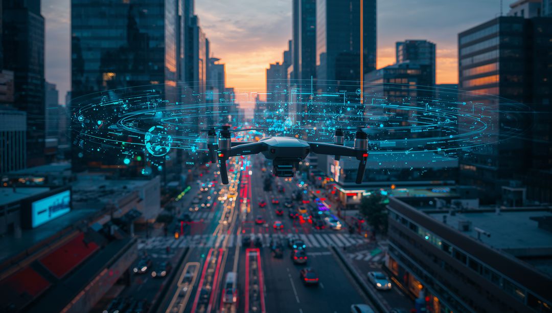 Quadcopter hovering over downtown avenue projecting holographic city mapping at dusk