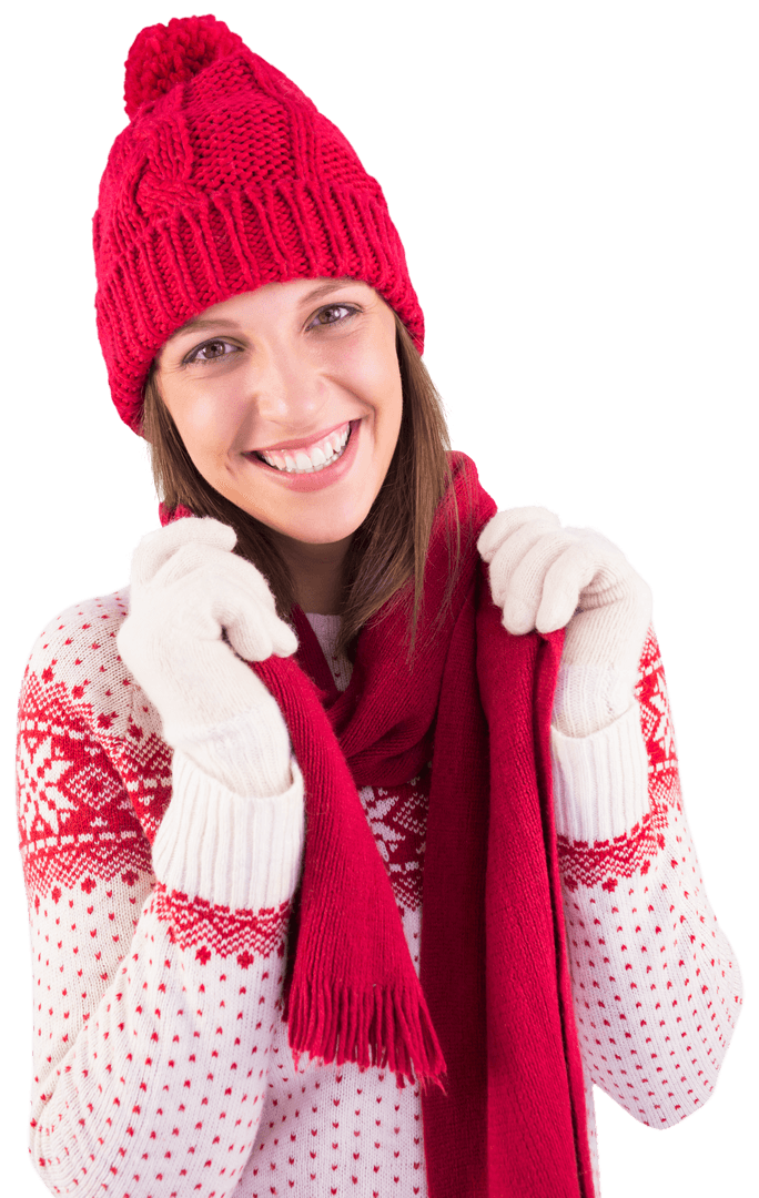 Smiling Woman in Festive Knitwear on Transparent Background