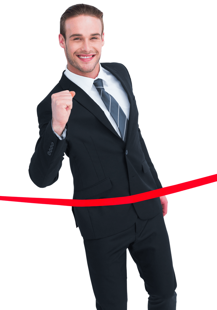 Transparent Confident Businessman Crossing Finish Line Red Ribbon