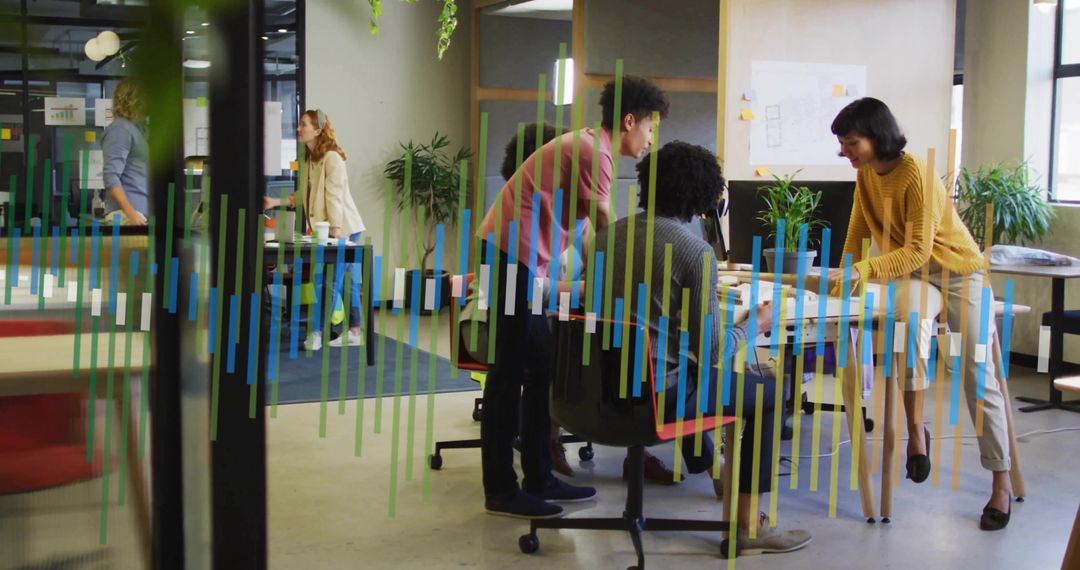 Team Brainstorming Ideas in Modern Open-Plan Office with Digital Graph Overlay