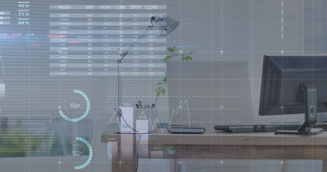 Office Desk with Futuristic Business Data Interface