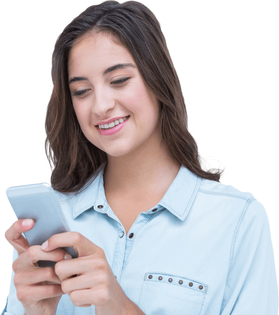 Transparent Young Woman Using Smartphone Smiling Confidently