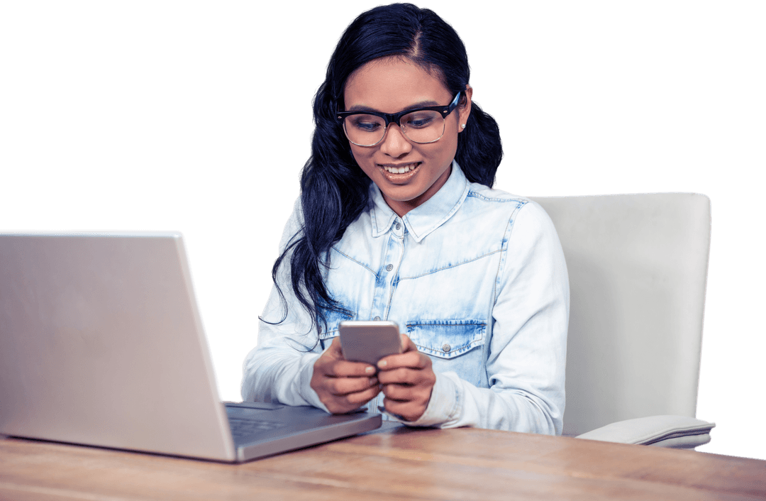 Woman Using Smartphone in Office with Transparent Background