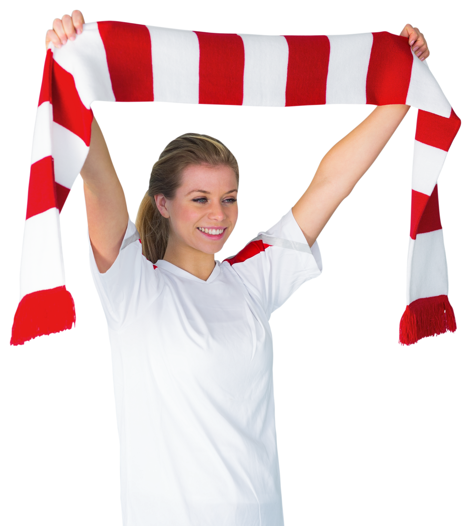 Female Soccer Fan Holding Red and White Scarf Cheering Transparent Background - Download Free Stock Images Pikwizard.com