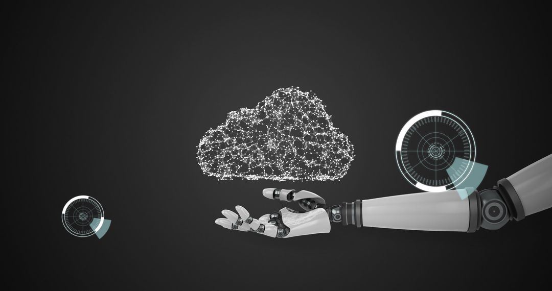 Robot Hand Holding Virtual Cloud with Futuristic Interface Elements