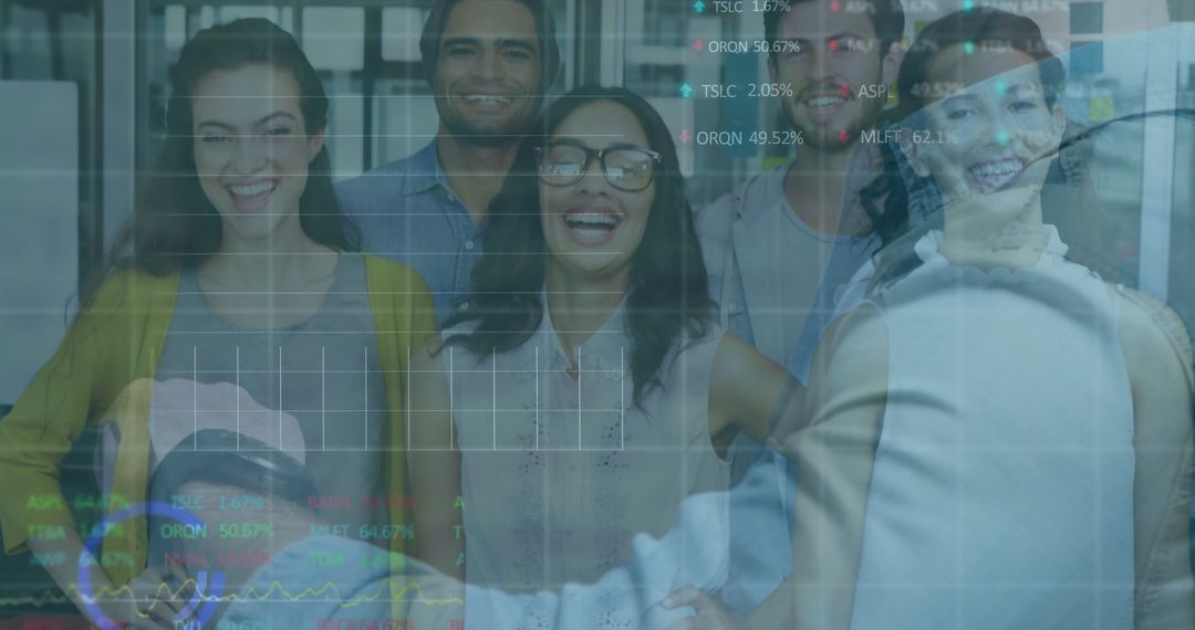 Team Collaborating with Financial Data Overlay