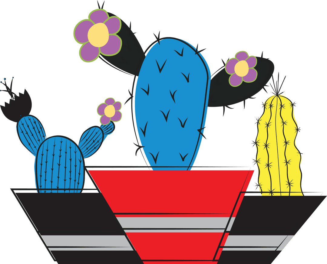 Colorful Cacti in Modern Pots on Transparent Background