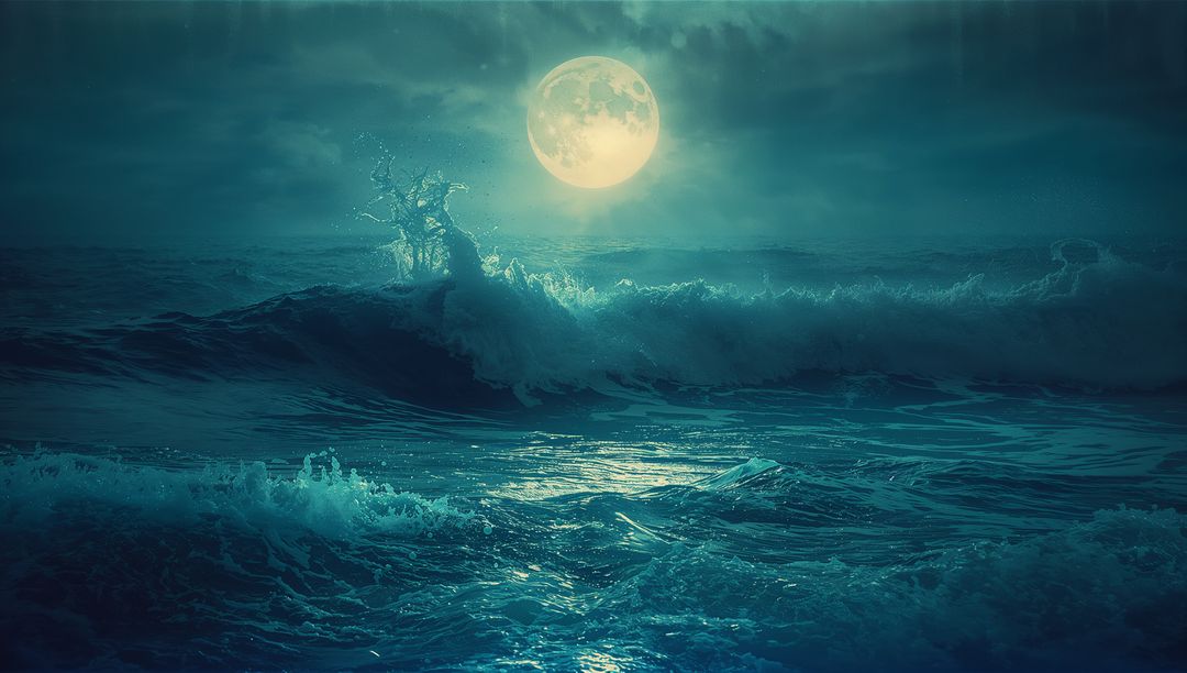 Dramatic Full Moon Reflecting on Waves in Tranquil Ocean Scene