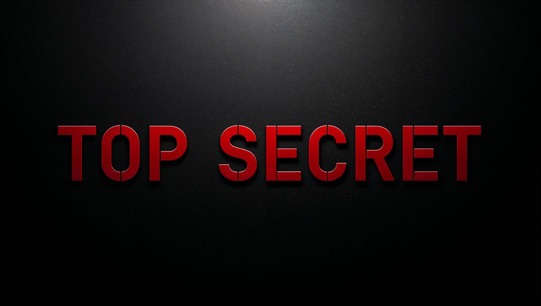 Illuminating Top Secret Red 3D Letters on Matte Black Wall with Dramatic Spotlight and Seams