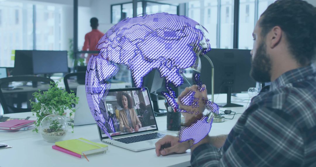 Virtual Conference Bearded Man with Digital Globe Projection